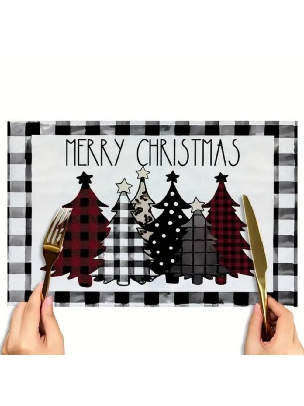 Christmas Placemats Trees Buffalo Plaid Placemats Black White 12 x 18 4 PC Set - Picture 8 of 16